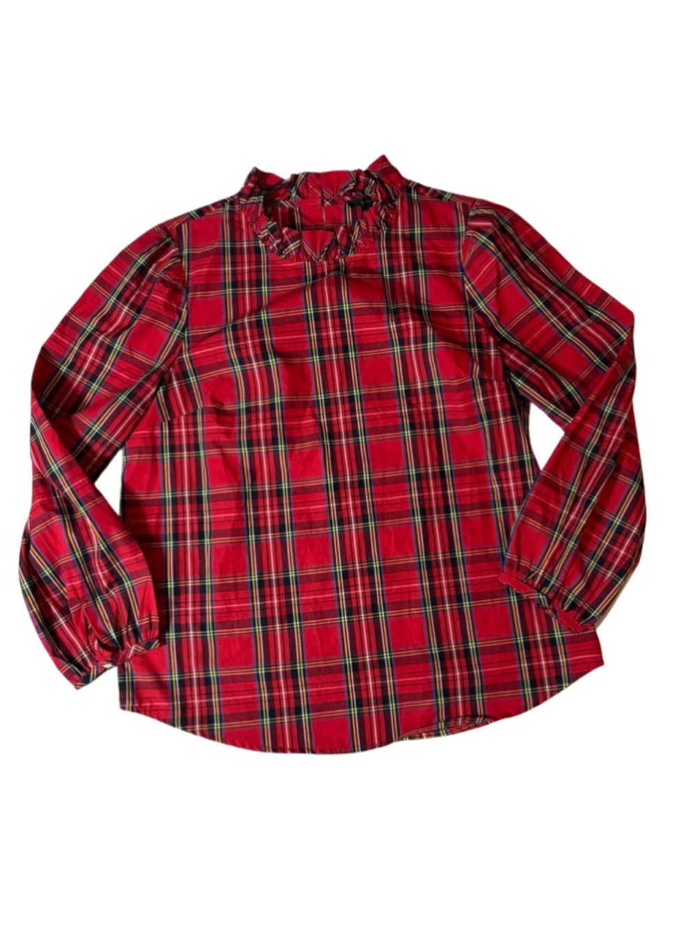 J.Crew Women’s Medium Red Tartan Plaid Ruffle Neck Puff Sleeve Blouse